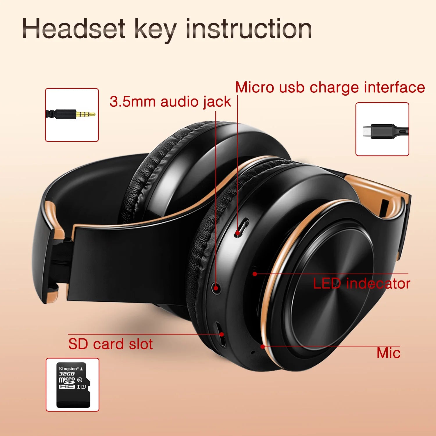 Audífonos Inalámbricos Bluetooth Dorados con Micrófono