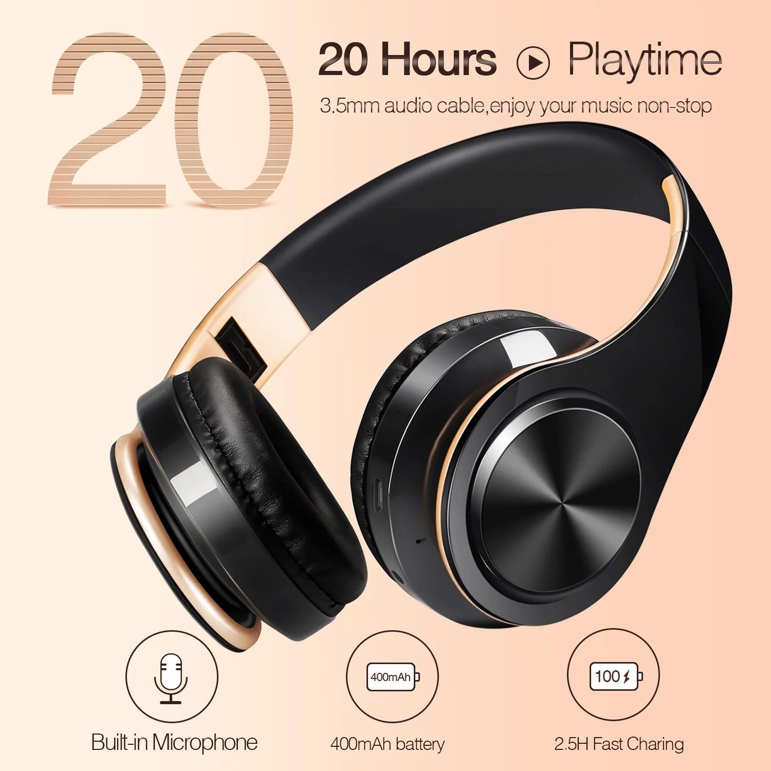 Audífonos Inalámbricos Bluetooth Dorados con Micrófono