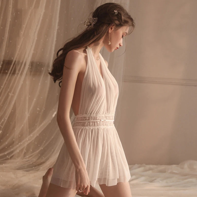 Vestido Lencería de Chifón con Cuello Halter y Escote V
